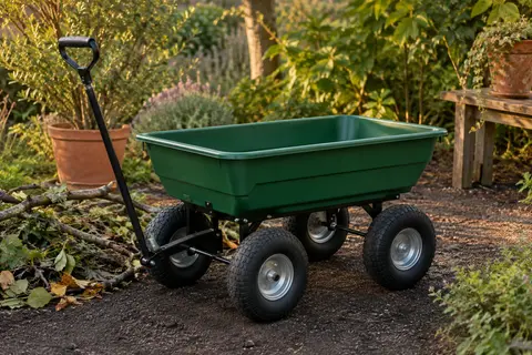 Chariot de jardin vert à bac basculant, quatre roues gonflables et poignée amovible sur une allée de terre