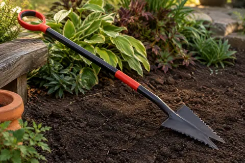 Bêche coupe-racines noire et rouge à lame crantée, posée sur la terre près d’un massif de jardin