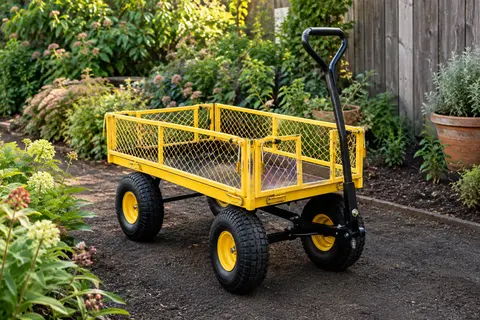Chariot de jardin Vevor jaune et noir, avec côtés grillagés amovibles, poignée en T et pneus larges sur un chemin de terre.