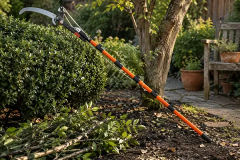 Scie d’élagage télescopique orange avec lame à crochets et ciseaux à corde posée dans un jardin
