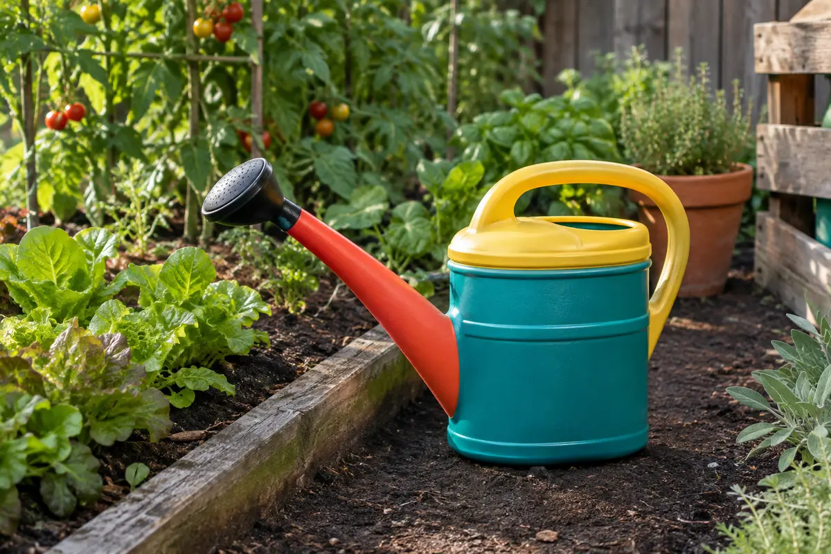 Arrosoir de jardin en plastique multicolore posé près d’un potager aux feuillages nuancés