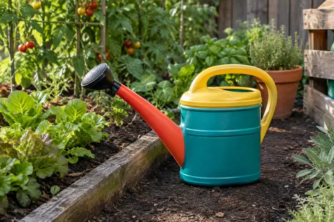 Arrosoir de jardin en plastique multicolore posé près d’un potager aux feuillages nuancés