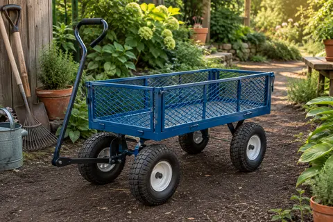 Chariot de jardin bleu en métal avec côtés grillagés amovibles et roues pneumatiques