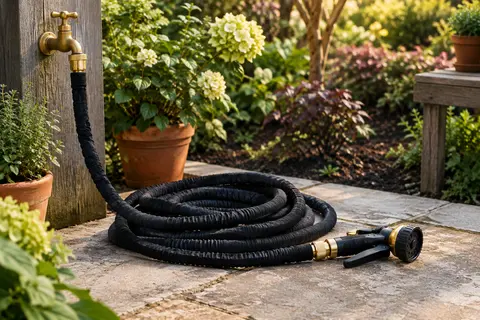 Tuyau d’arrosage extensible noir avec buse et raccords en laiton dans un jardin