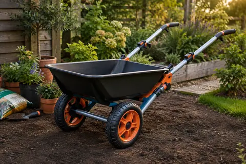 Brouette multifonction Worx Aerocart à roues pleines, posée dans un jardin près de pots et d’un sac de terre.