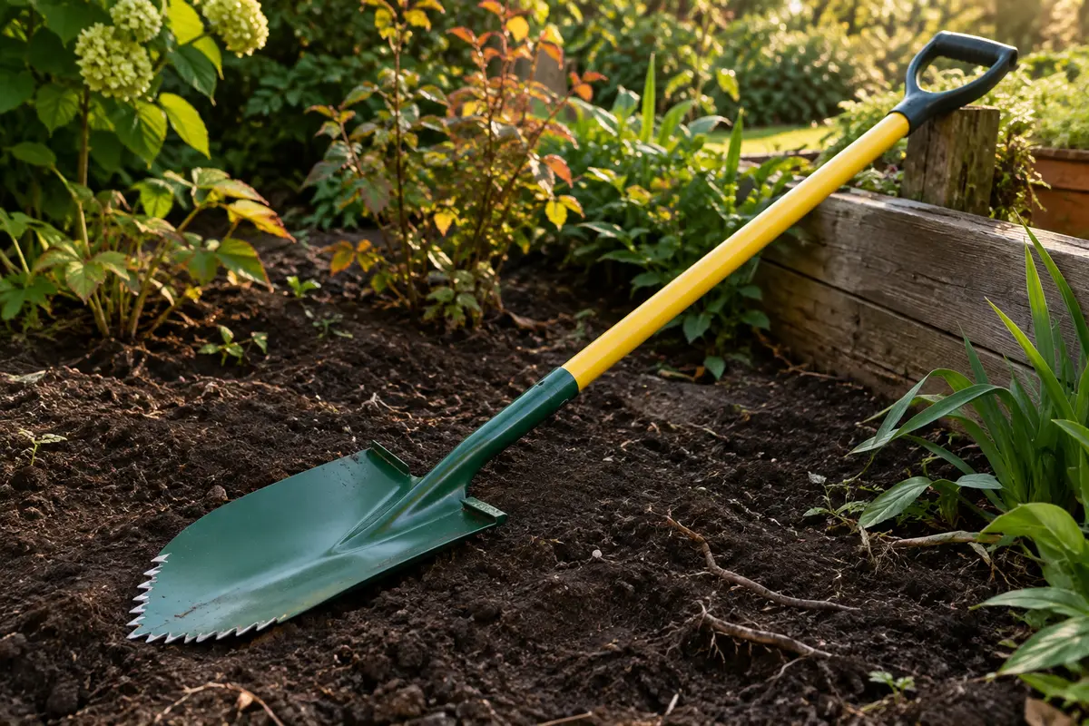 Bêche de jardin à lame verte dentée et long manche jaune en fibre de verre, posée près d’une terre travaillée.