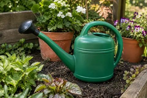 Arrosoir vert à deux poignées et long bec amovible posé près de plantes en pots
