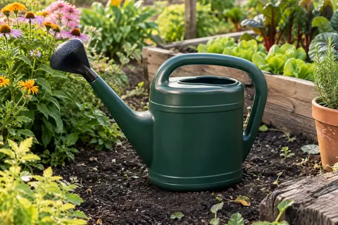 Arrosoir de jardin en plastique vert foncé avec pomme noire amovible, posé près d’un massif fleuri.