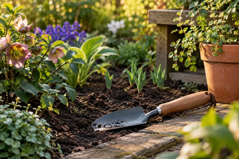 Outil de jardin posé près d’une planche de terre travaillée et de jeunes plantations