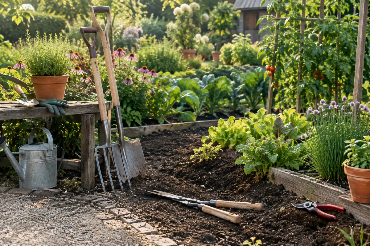 Outils de coupe et de travail du sol réunis près d’un massif et d’un potager